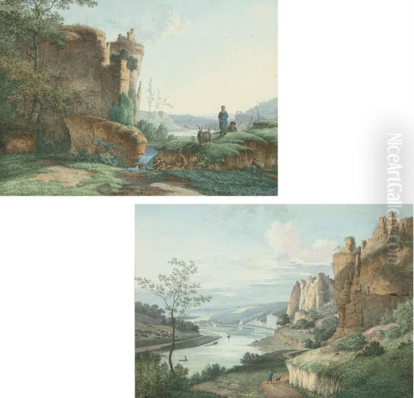 Shepherd Boys With A Dog Beneath A Ruined Castle On A Crag; And A Mountainous River Landscape - view 1
