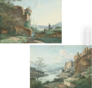 Shepherd Boys With A Dog Beneath A Ruined Castle On A Crag; And A Mountainous River Landscape by Joseph Augustus Knip