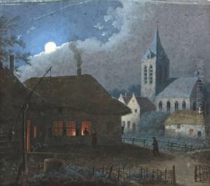 Dorpsgezicht Bij Maanlicht by Martheus Derk Knip