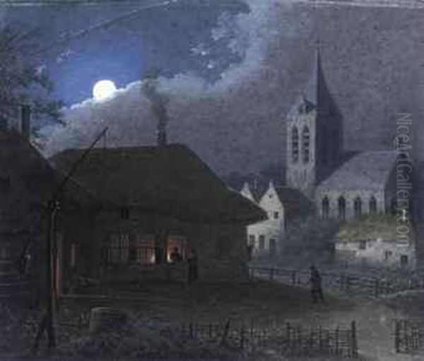 A Small Town With A Church Tower At Nightfall - view 1