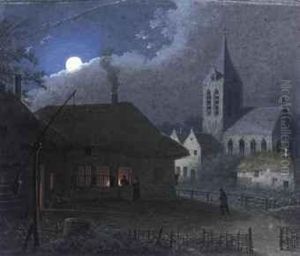 A Small Town With A Church Tower At Nightfall