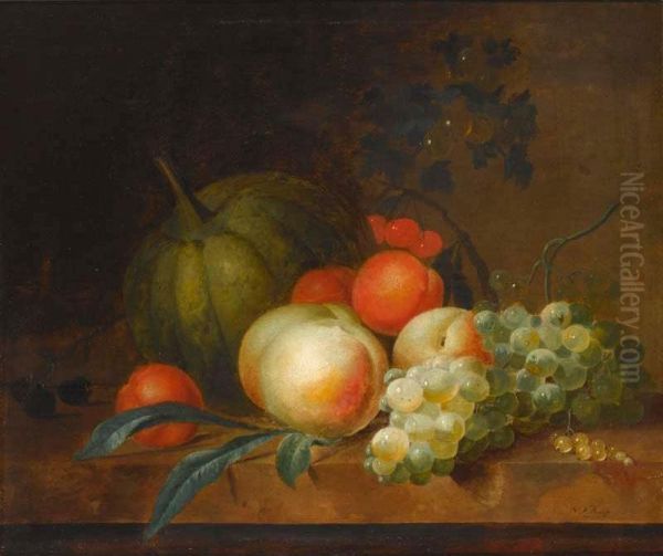 Nicolaas Frederik Knip
A Still Life With Two Peaches, Grapes, Plums And A Mellon, All On A Wooden Ledge - view 1
