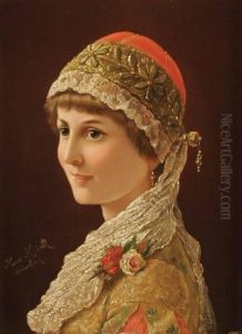 Hans Knochl , Beautiful Young Woman With Embroidered Costume