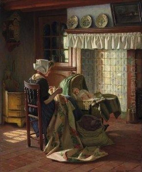 Dutch Indoor Scene. Young Mother Embroidering, Her Sleeping Child In The Cradle. Signed And Dated Bottom Right: Hermann Knopf Munchen 06 - view 1