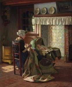 Dutch Indoor Scene. Young Mother Embroidering, Her Sleeping Child In The Cradle. Signed And Dated Bottom Right: Hermann Knopf Munchen 06 by Hermann Knopf