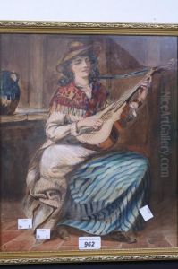 Romany Ladies, One Playing The Guitar, The Other, Seated, With A Basket, Knitting by Davidson Knowles