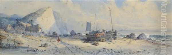 Fishing Vessels On The Shore With Figures Before White Cliffs - view 1