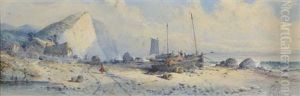 Fishing Vessels On The Shore With Figures Before White Cliffs Fishing Vessels On The Shore With Figures Before White Cliffs