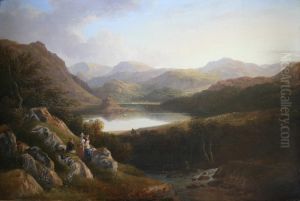 An Extensive Mountainous Landscape With Figures In The Foreground, Possibly A View In The Lake District
