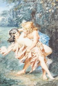 A Nymph And Satyr by Benes Knupfer