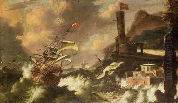 English Shipping Foundering In Stormy Seas Off A Rocky Coastline - view 1