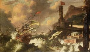 English Shipping Foundering In Stormy Seas Off A Rocky Coastline by Jacob Knyff