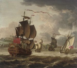Men-o'war And An Admiralty Yacht In The Channel Off Dover by Jacob Knyff