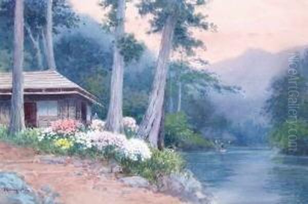 Fluslandschaft In Japan Mit Haus, Bluhenden Blumen Und Zwei Personen - view 1