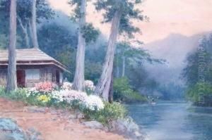 Fluslandschaft In Japan Mit Haus, Bluhenden Blumen Und Zwei Personen