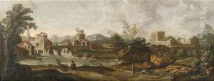 Riverlandscape With Town, Castle, Travellers And Shepherds.