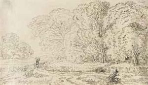 A Wooded Landscape With Figures On A Track by Ferdinand Kobell