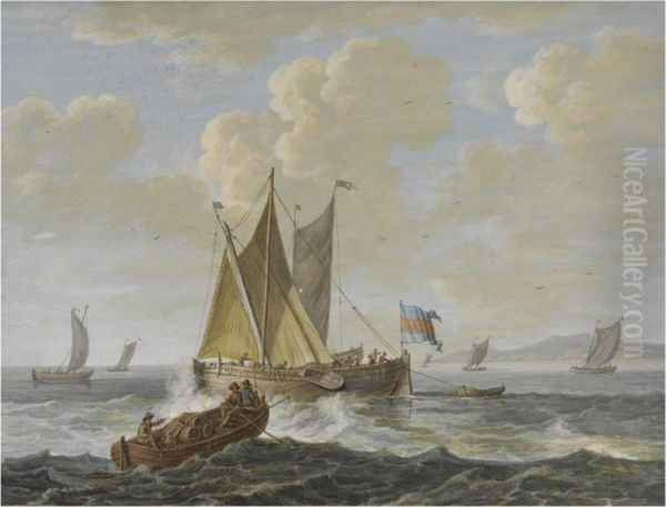 A Marine Scene, A Skiff Carrying Barrels To A Boeier Yacht, Other Boats Beyond - view 1