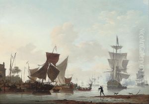 A Dutch Harbour With A Man-of-war Firing Its Cannon