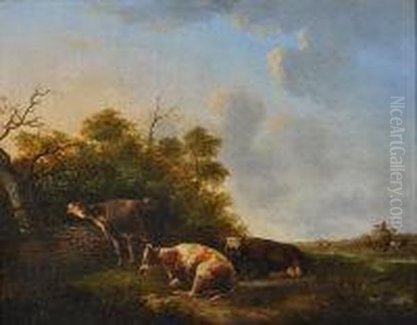 Cows Resting By A Wood With Haymaking In The Background - view 1