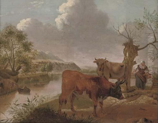 A Wooded River Landscape With Cattle And A Figure In The Foreground - view 1