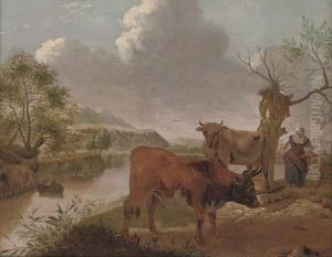 A Wooded River Landscape With Cattle And A Figure In The Foreground