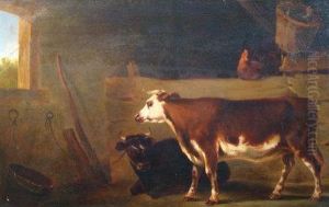 An Interior Of A Barn With Two Cows Hens And A Cockerel by Jan Kobell