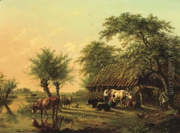 An Extensive Landscape With Cattle Near A Barn - view 1