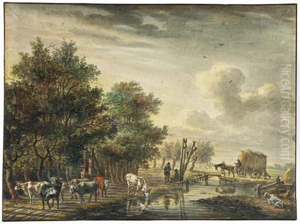 Herdsmen Watering Their Cattle By A River, A Horsedrawn Haycartcrossing A Bridge Nearby - view 1