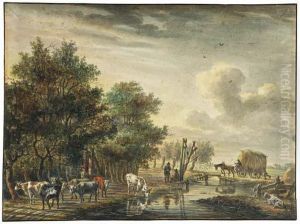 Herdsmen Watering Their Cattle By A River, A Horsedrawn Haycartcrossing A Bridge Nearby