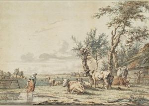 Peasants Milking And Watering In A Farmyard by Janbaptist Ii Kobell