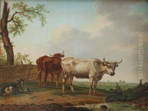 Cattle And Goats In A Field by Janbaptist Ii Kobell