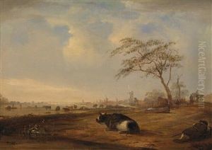 Wide Dutch River Landscape With Grazing And Resting Cattle by Janbaptist Ii Kobell