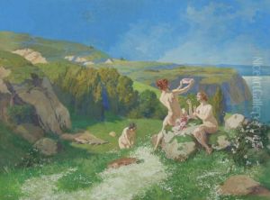 Drei Blumenbindende Frauenakte An Einer Steilkuste by Hans Koberstein