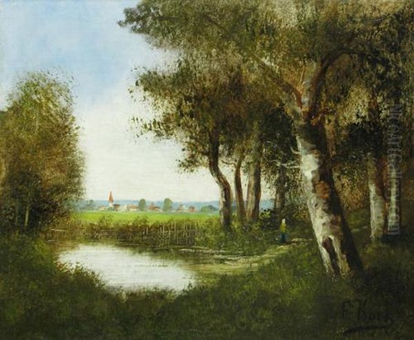 8.09 - F.koch, "near The Pond", Signed At Bottom Right In Black, Oil On Reinforced Canvas, 46x55cm - view 1