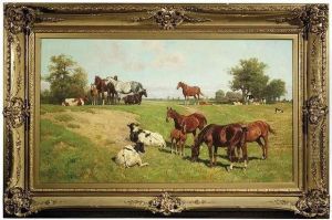 Extensivesummery Landscape With Horses And Cattle by Georg Koch