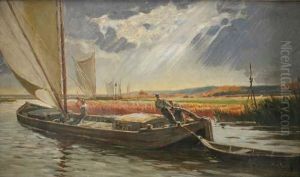 Lastkahne Auf Einem Gewasser by Max Friedrich Koch