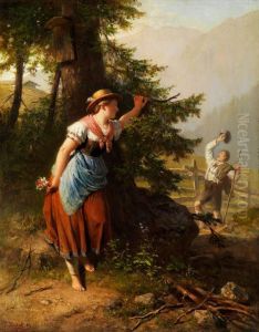 Alpenlandisches Madchen In Erwartungseines Burschen by Julius Kockert