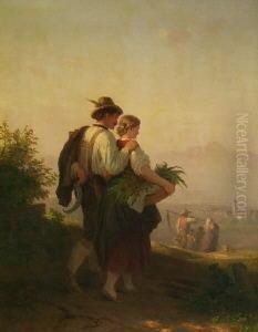 "heimgang". Sonniges Vorgebirgsland Mit Einem Im Tal Liegendem Dorf. Im Vordergrund Heimkehrende Schnitter, Einen Berg Hinuntergehend. Unten Links Signiert Julius Kochert, Munchen. Verso Klebeetikett Mit Namen Und Adresse Des Kunstlers by Julius Kockert