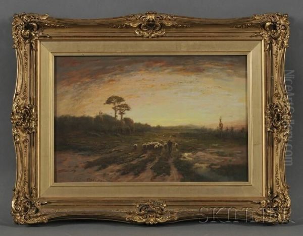 Shepherd With Flock At Sunset - view 1