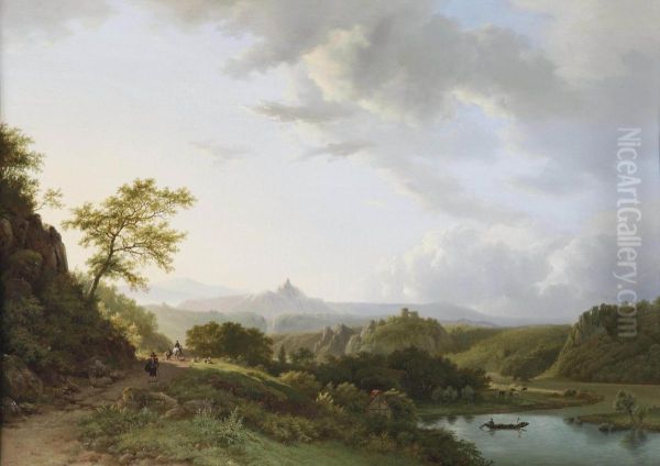 A Panoramic Summer Landscape With Travellers And A Castle Ruin In The Distance - view 1