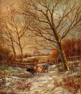 A Drover And Cattle In A Snow Capped Landscape With Church In The Distance by Hendrik Barend Koekkoek