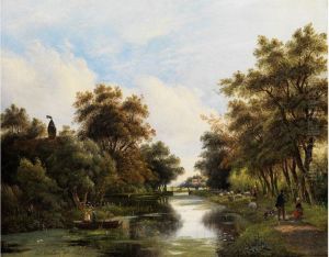 Baumlandschaft Mit Flusslauf, Brucke Undfigurenstaffage