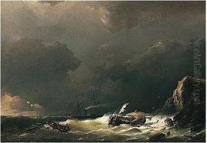 Schepen In De Branding by Hermanus W. Koekkoek