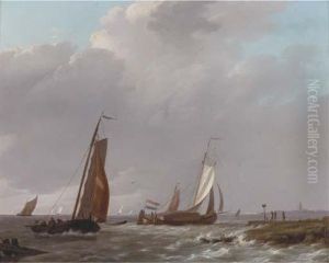 Shipping In A Stiff Breeze Off The Dutch Coast by Johannes Koekkoek
