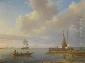 Unloading Barges On The Banks Of The Scheldt, With A Trading Brig Anchored In The River And The Spires And Towers Of Antwerp Beyond by Johannes Hermanus Koekkoek Snr