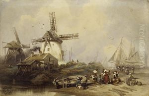 Windmills, Sailboats And Fishermen On The Beach by Johannes Hermanus Koekkoek Snr
