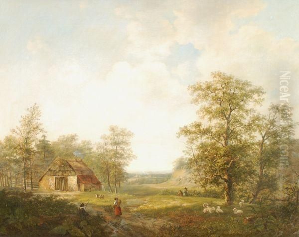 Figures Approaching A Farm Building In Awooded Landscape - view 1