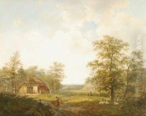 Figures Approaching A Farm Building In Awooded Landscape