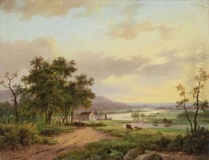 Flusslandschaft Mitpferdekarren Und Kuhen